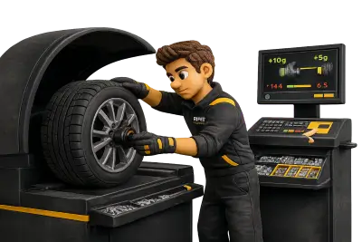 operatore di rifer gomme che sta facendo un equilibratura